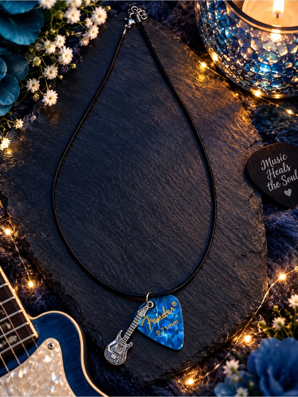 Fender Blue Guitar Pick Necklace with Silver Guitar Charm